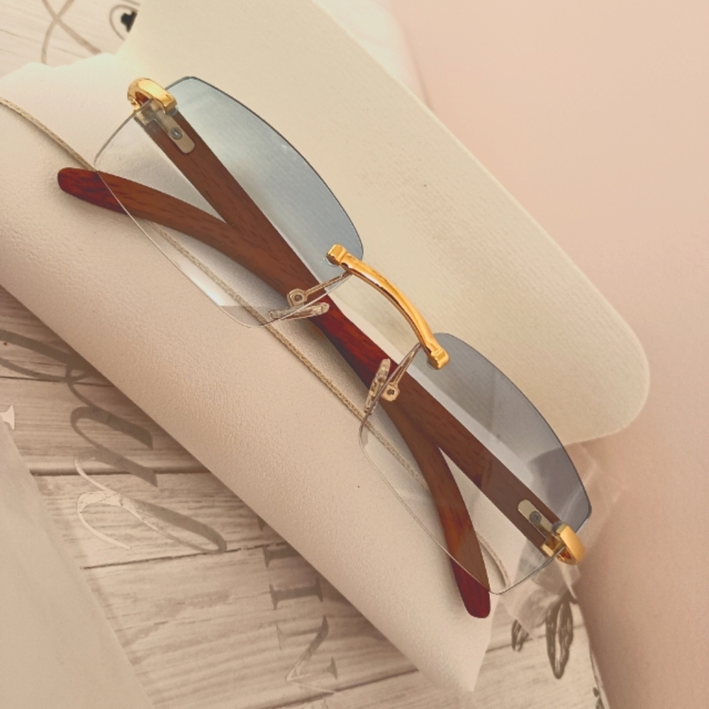 Fashion Gold and Brown with The Blue Tone Rimless Sunglasses